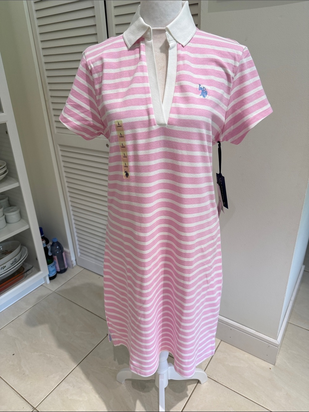 U.S. Polo Assn. Pink and White Striped Polo Dress, size L